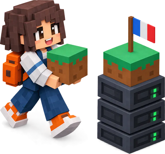 A player placing a grass block on a stack of servers