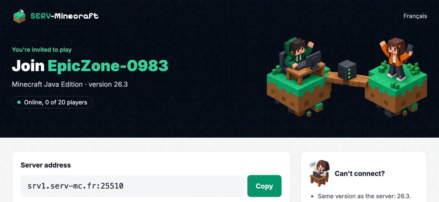 Invitation page of a Minecraft Java server: name, version, players online and address to copy