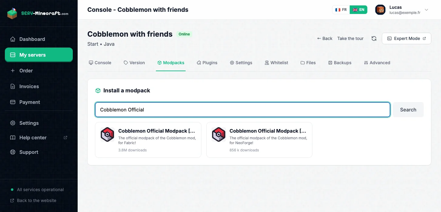 Modpacks tab of the panel: search for "Cobblemon" and the modpacks offered