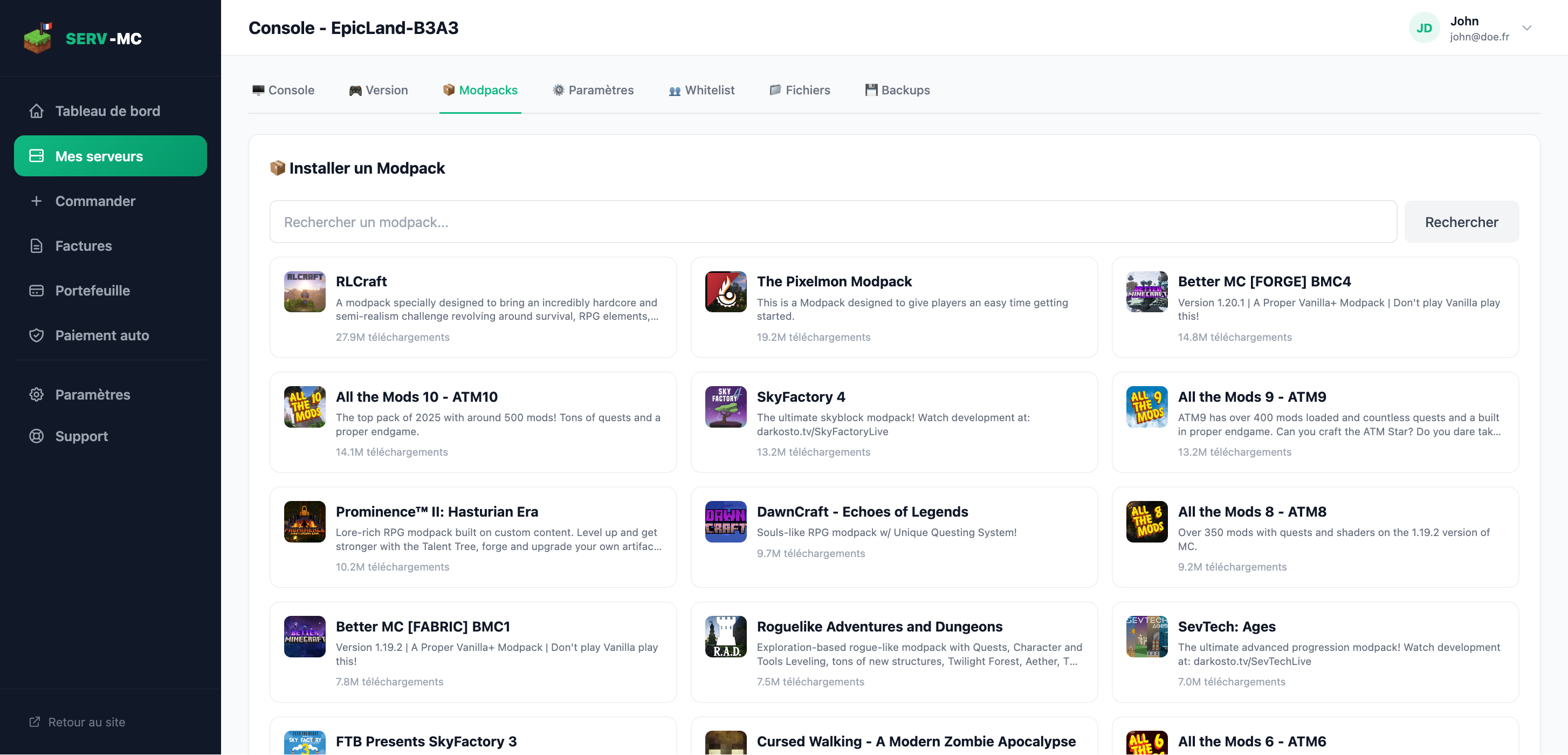 Minecraft server management panel