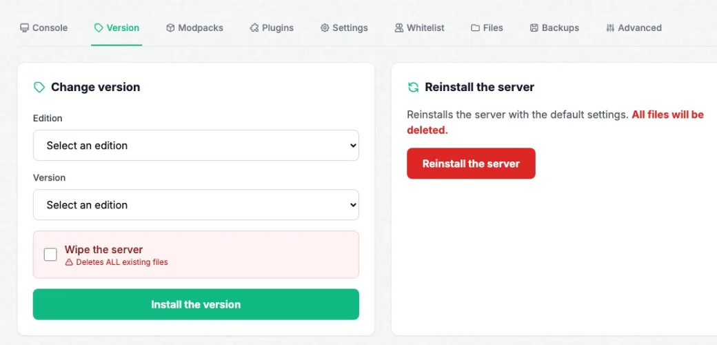 Changing version in the panel's Version tab: Paper, Purpur, Fabric or Forge