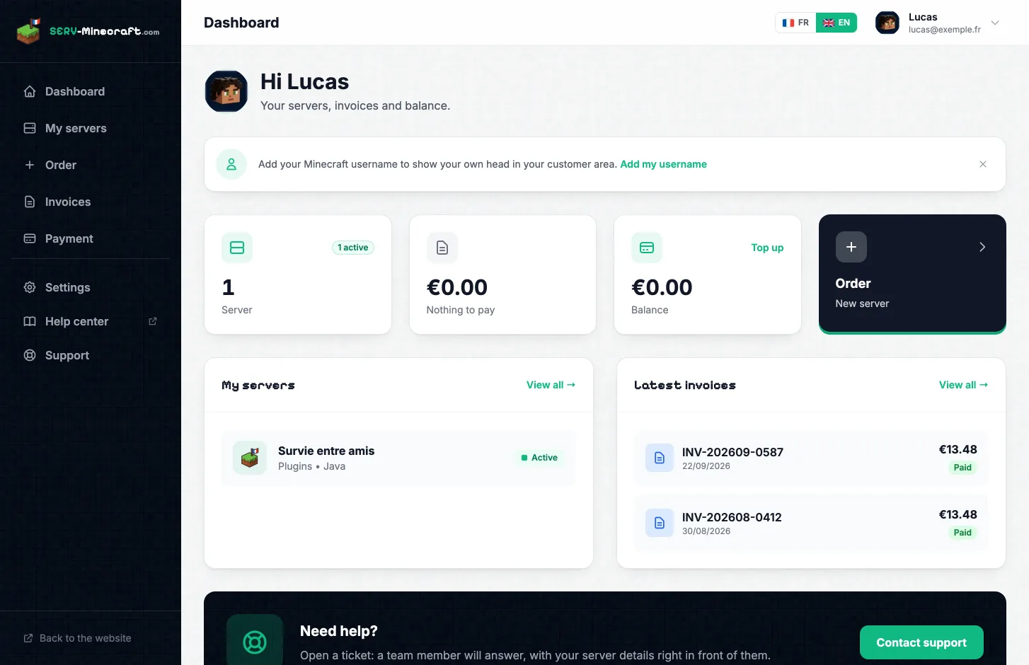 SERV-Minecraft panel dashboard