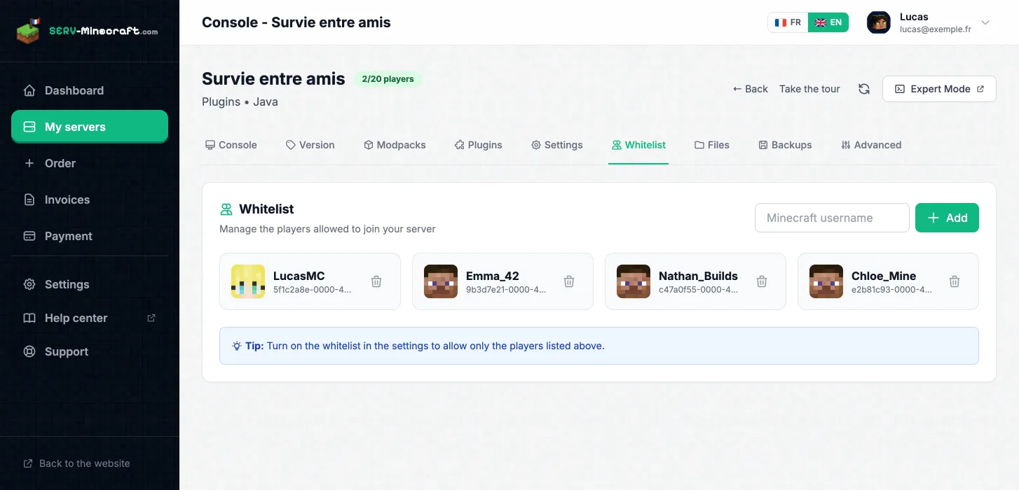 Whitelist tab of the panel: four friends added by their Minecraft username