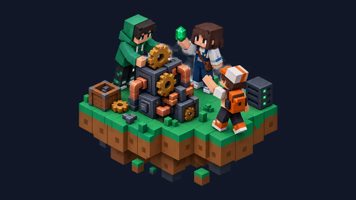 Three friends building together on a Minecraft island, next to their server