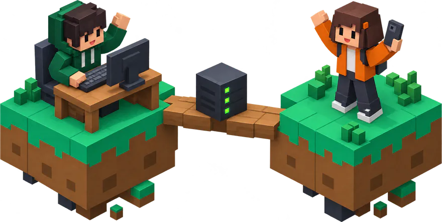 A computer player and a phone player in the same world, linked by the server
