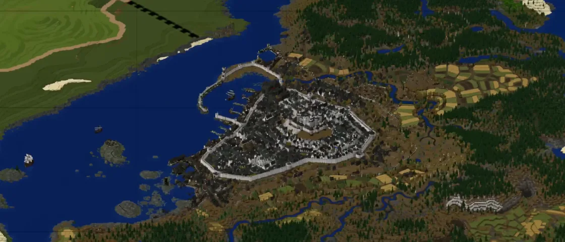 Livemap: aerial view of a city built on a Minecraft server