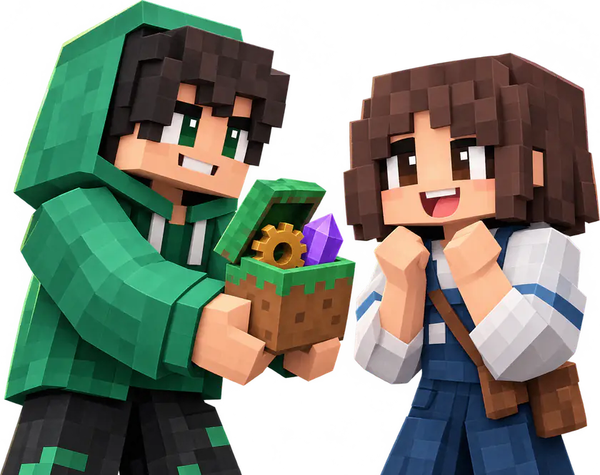 Two Minecraft players: one hands the other an open grass block full of mods