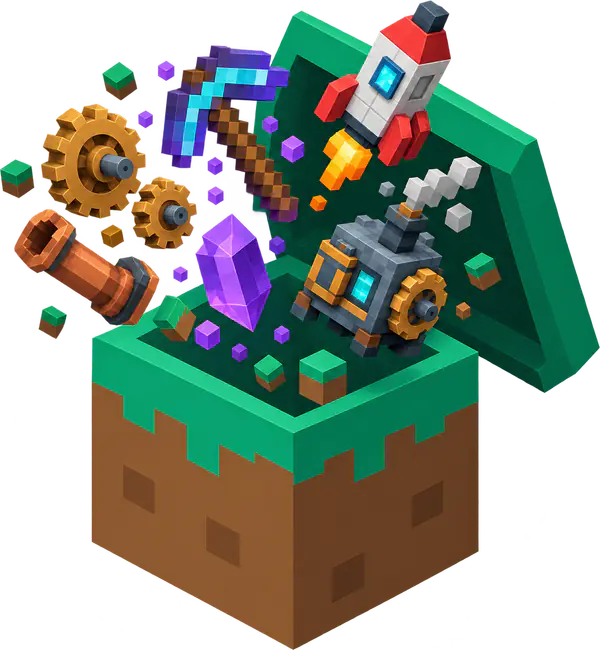 Open grass block with Minecraft mod items coming out