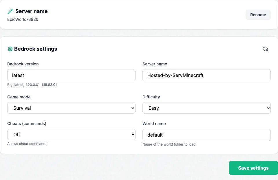 Settings tab of a Bedrock server in the panel: version, game mode, difficulty, cheats and world
