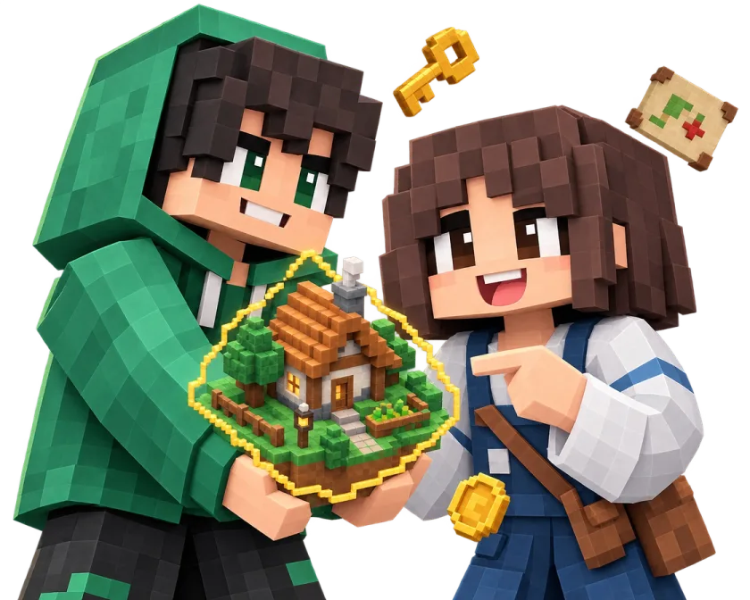 Two Minecraft players: one holds a small protected house, the other points at it
