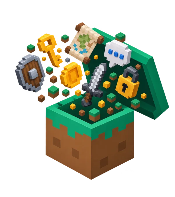 Open grass block with Minecraft plugin items coming out