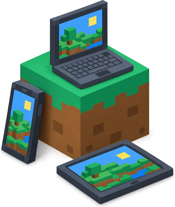 A phone, a tablet and a laptop around a Minecraft grass block, the same world on every screen