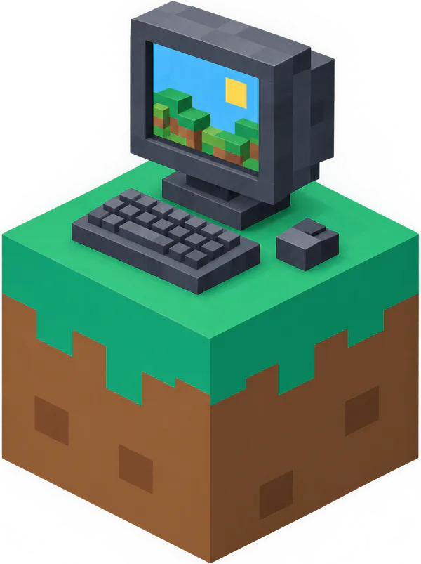 A computer on a Minecraft grass block, the game world on screen